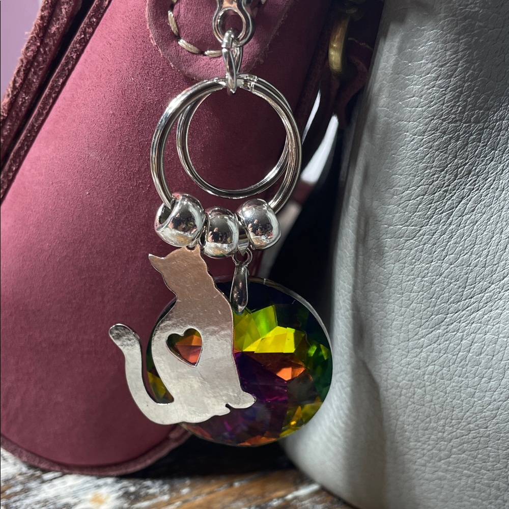 NEW Portland Leather Compatible Rainbow Gem Cat Lover Silver Bag Charm Keychain